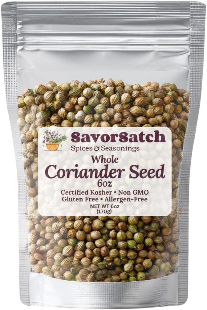 SavorSatch Coriander Seeds Whole – Resealable Pouch | Certified Kosher, Non-GMO, Aromatic Spice for Cooking, Baking, Seasoning & Indian Cuisine - 6 oz (Pack of 1)