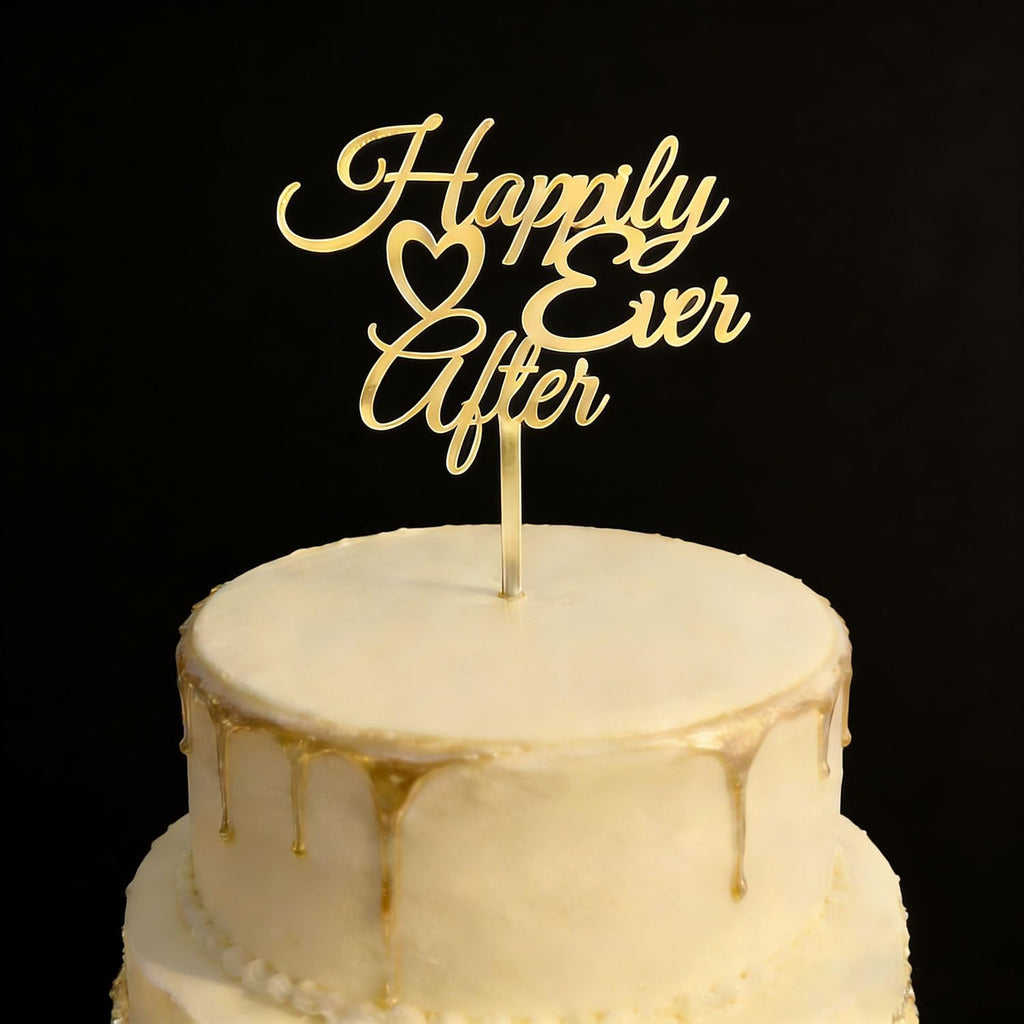 Gold Happily Ever After Cake Topper,Acrylic Marriage Cake Decor for Wedding Engagement Bridal Shower Vow Renewal Anniversary Party Decoration Supplies