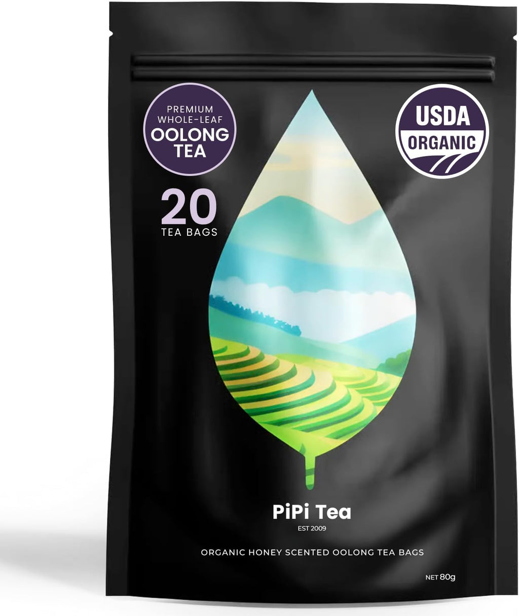 PiPi Tea Organic Oolong Tea Bags – Whole Leaf, 20 Bags (4g Each) – Cortisol & Calming Tea for Anxiety, Stress, Weight Loss – Bulk Loose Leaf Oolong Tea