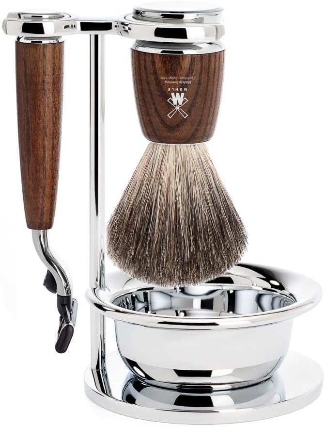 MÜHLE RYTMO Steamed Ash 4-Piece Pure Badger 3-Blade Razor Modern Luxury Wet Shaving Set - Perfect for Every Day Use, Barbershop Quality Close Smooth Shave