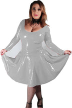 Autumn Long Sleeve Latex A-line Dress Women Dancing Party Costume Sexy Scoop Neck Low Cut Dress Vintage Skater,Silver,L