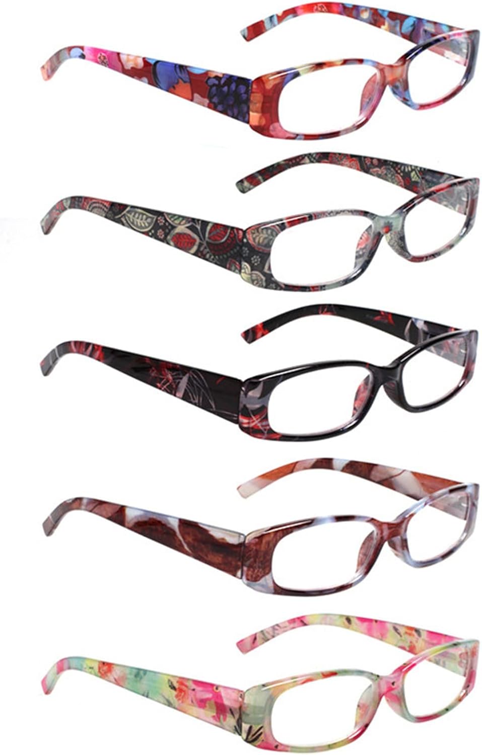 5 Pack Spring Hinge Reading Glasses Rectangular Fashion Quality Readers for Men and Women (5 Mix, 2.00)Medium