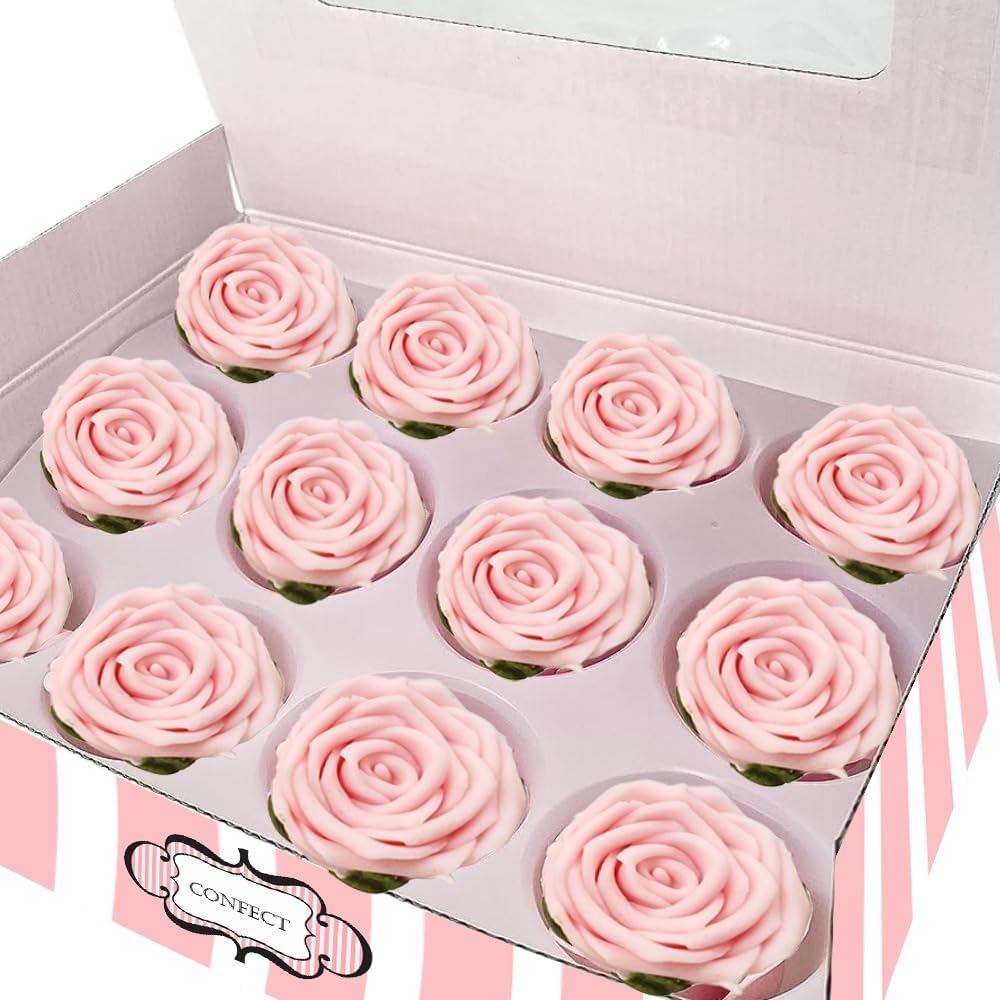 Confect Edible Rose Topper -Edible Blush Pink Rose Cupcake Toppers for Cake & Doughnut Decoration- Vegan, Gluten-Free - Pack of 12