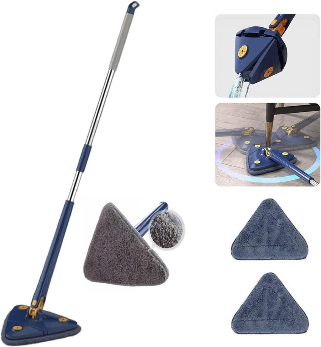 2023 New 360° Rotatable Adjustable Cleaning Mop with 2 Mop Replacement Heads, Triangle Cleaning Mops for Walls and Ceilings, Microfiber Ecloth Wet and Dry for Bathroom Floor Wall Bed Bottom (Blue)