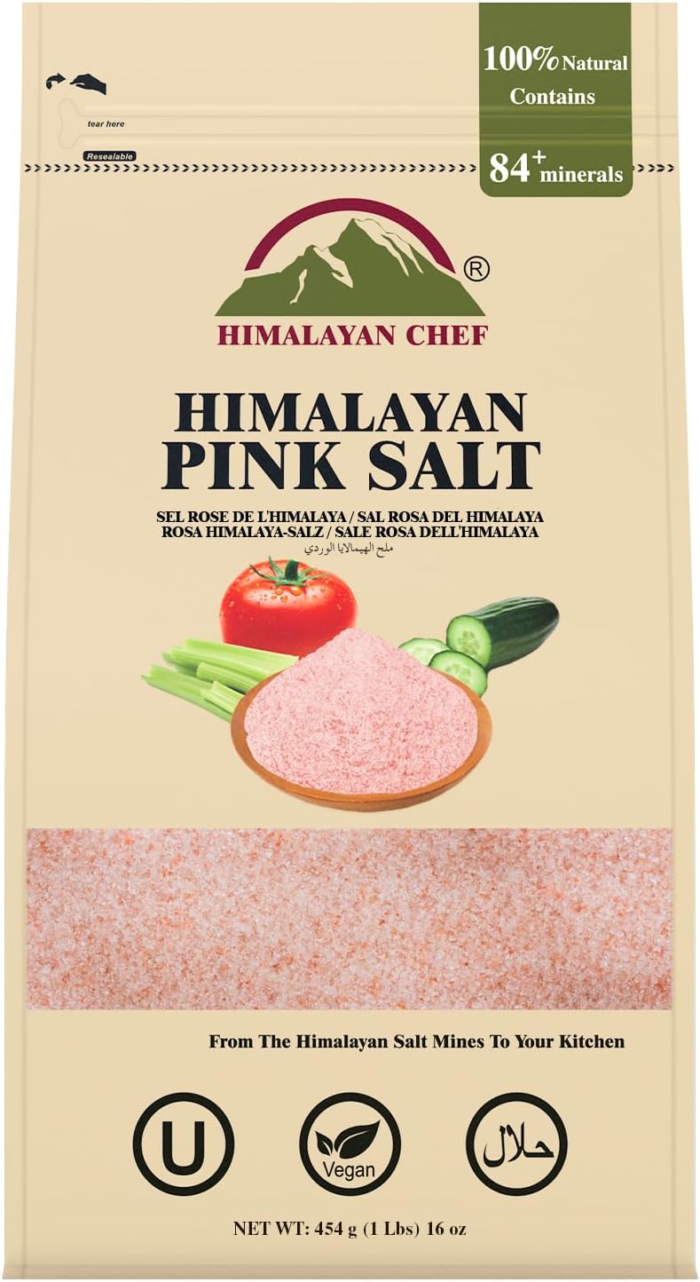 Himalayan Chef Pink Himalayan Salt Fine Grain, 1 lb Bag - Pure, Natural, Kosher, Non-GMO, Mineral-Rich, for Cooking, Seasoning, Baking, Table Use