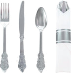 WELLIFE 50 Pack Silver Plastic Silverware, Wrapped Silverware Set Disposable,Include 50 Forks, 50 Knives, 50 Spoons and 50 Napkins, Disposable Cutlery for Party and Wedding