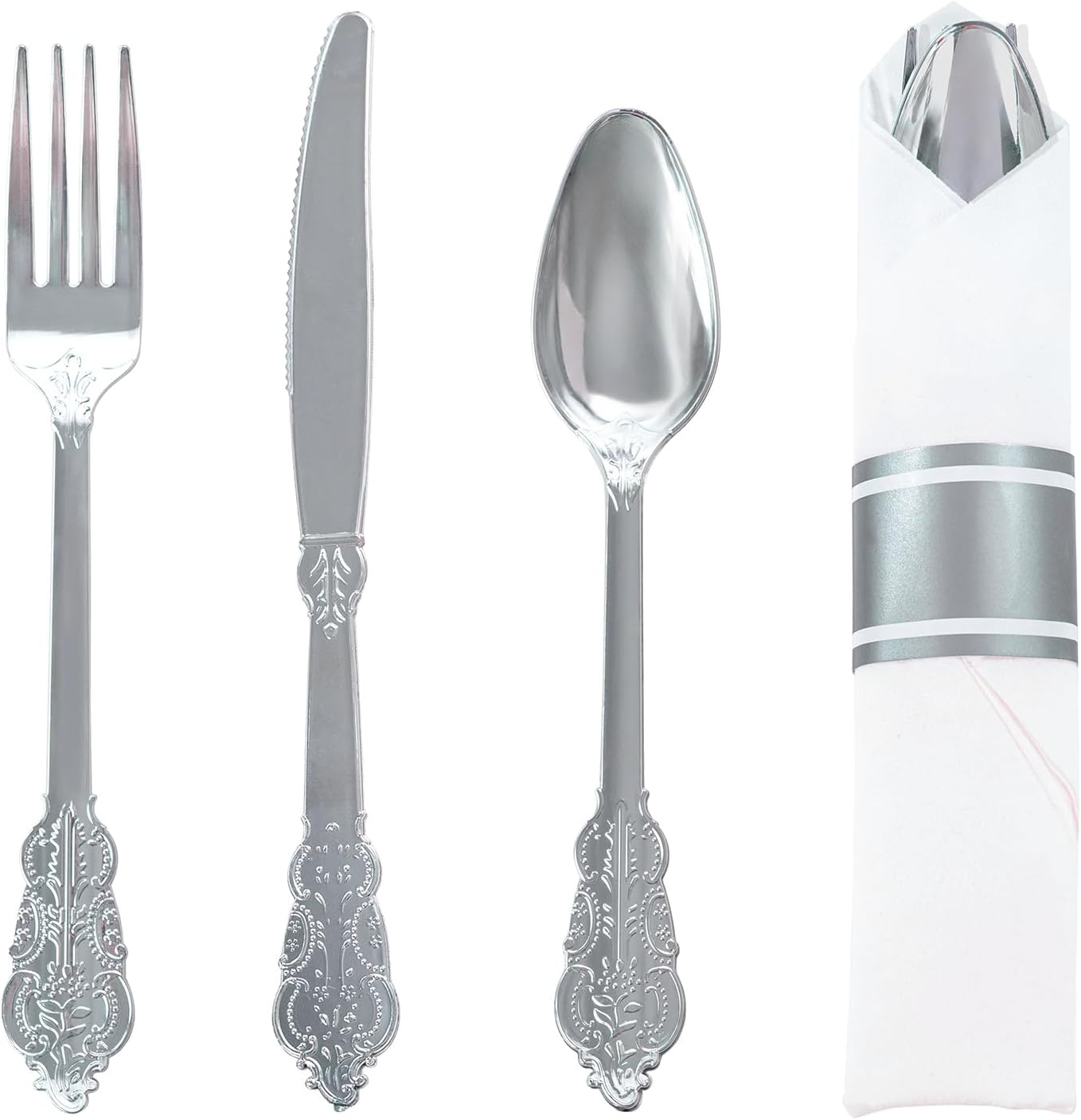 WELLIFE 50 Pack Silver Plastic Silverware, Wrapped Silverware Set Disposable,Include 50 Forks, 50 Knives, 50 Spoons and 50 Napkins, Disposable Cutlery for Party and Wedding
