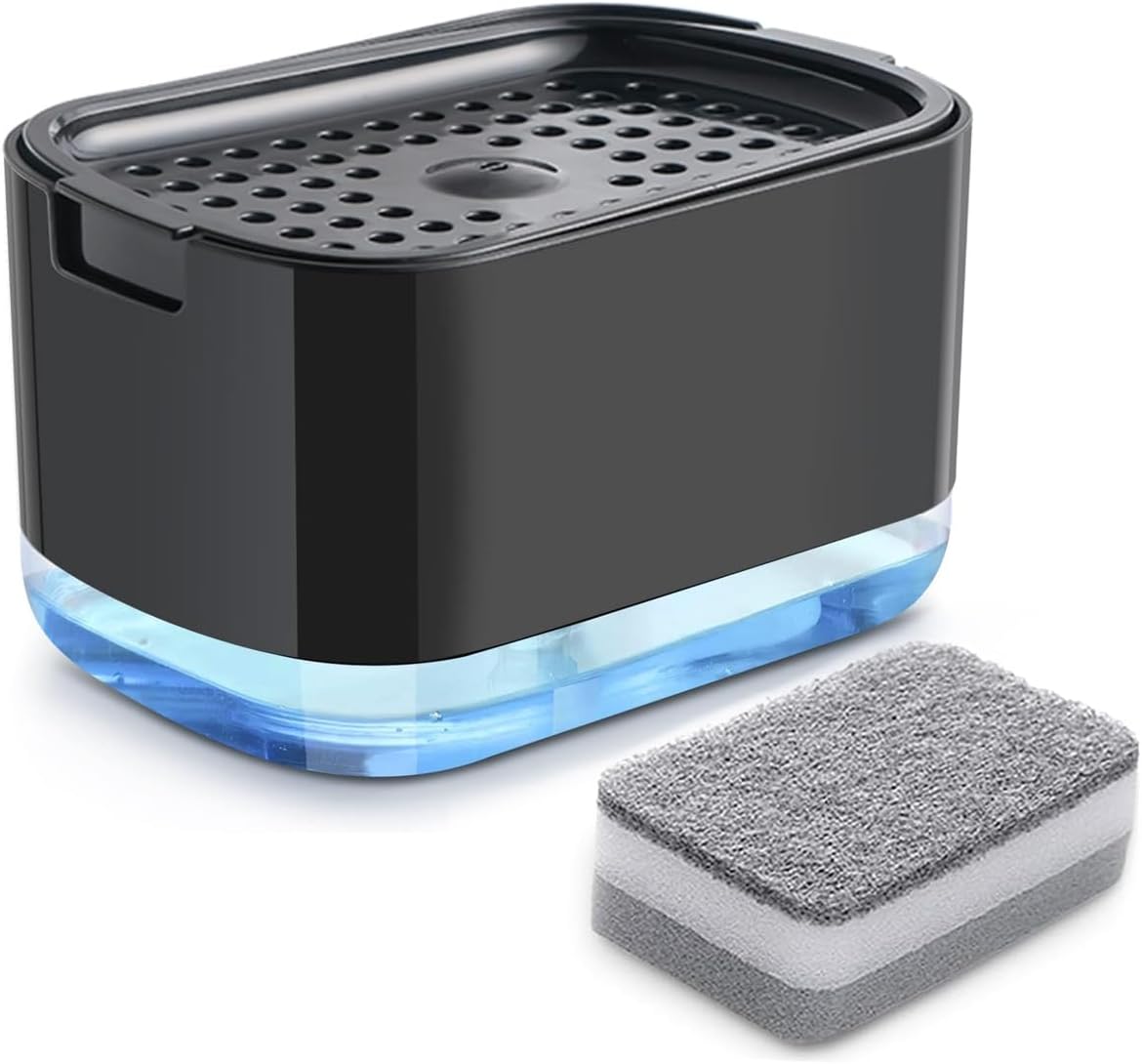 Dish Soap Dispenser and Sponge Support, Sink Soap Pump Dispenser, Liquid Soap Dispenser, Kitchen Detergent Press Box, Suitable for Kitchens, Bathrooms and Sinks (Black)