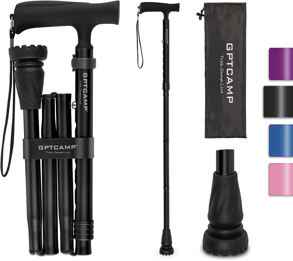 GPTCAMP G2 Walking Stick, Fold-up Walking Cane for Women and Men with Wrist Strap, Portable, Foldable, Collapsible, Lightweight and Sturdy with Comfortable T Handle