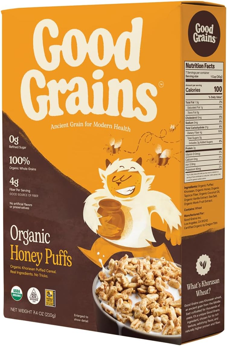 Good Grains Organic Honey Puffs Cereal - No Refined Sugar (0G), Sweetened with Organic Honey, Good Source of Fiber (4g), Whole & Ancient Grain Puffed Breakfast Cereal - 1 Count