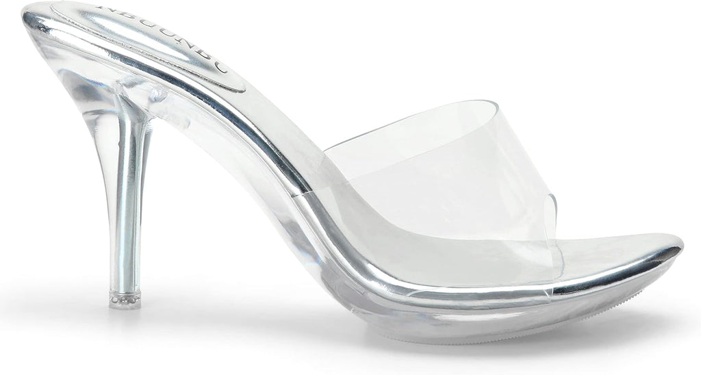 NBUUNBU Silver Clear Heels For Women Dress Shoes Transparent Strap Sexy Stilletos Heels Open Toe High Silver Heeled Sandals Pump Mules