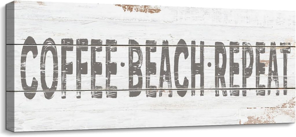 Retro Coffee Beach Repeat Sign Shabby Chic Coastal Bar Decor Inspirational Words Prints on Wood Grain Canvas Country Seaside Coffee Shop Pub Store Decoration Summer Beach House Supplies 6x17inch