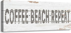 Retro Coffee Beach Repeat Sign Shabby Chic Coastal Bar Decor Inspirational Words Prints on Wood Grain Canvas Country Seaside Coffee Shop Pub Store Decoration Summer Beach House Supplies 6x17inch