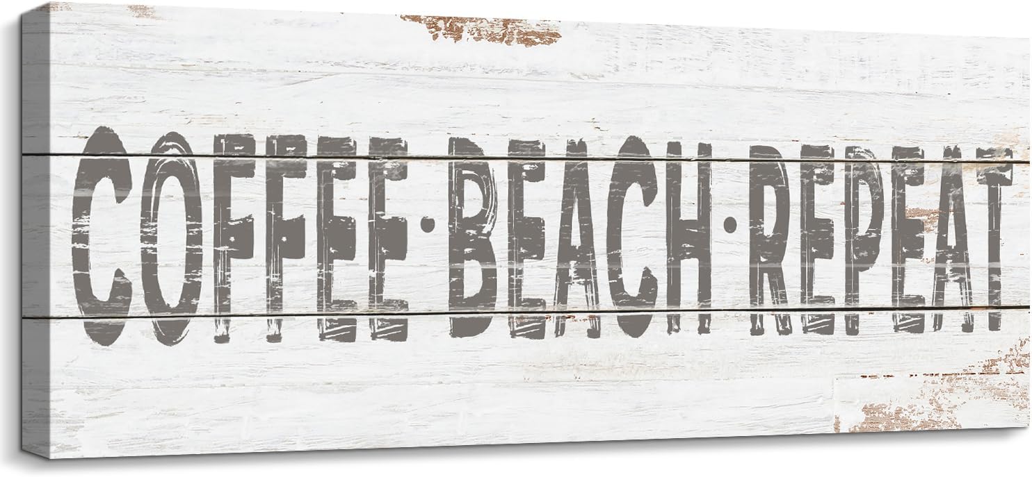 Retro Coffee Beach Repeat Sign Shabby Chic Coastal Bar Decor Inspirational Words Prints on Wood Grain Canvas Country Seaside Coffee Shop Pub Store Decoration Summer Beach House Supplies 8x24inch