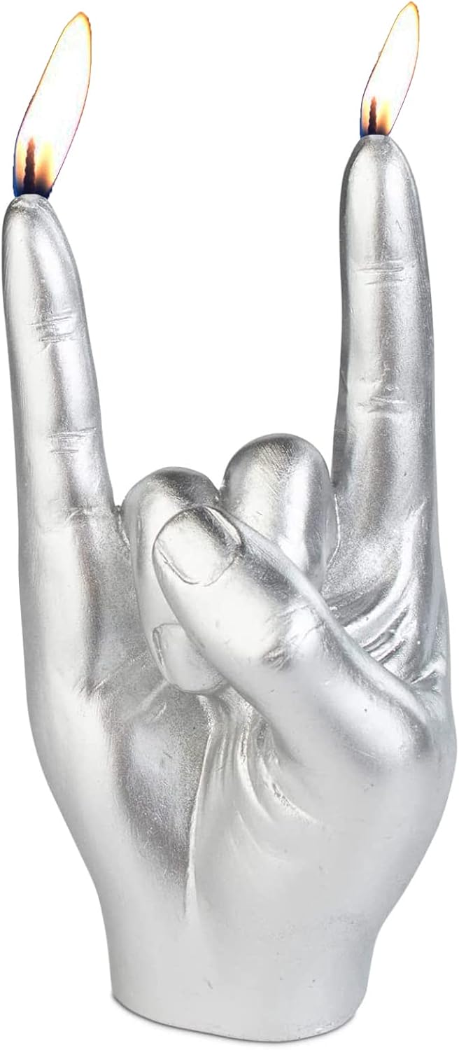 Gute Rock & Roll Hand Candle, Sign of the Horns Hand Gesture Candle, Gift for Music Lovers, Rockers, Bikers, Rock Lovers - 15x10cm (Silver)