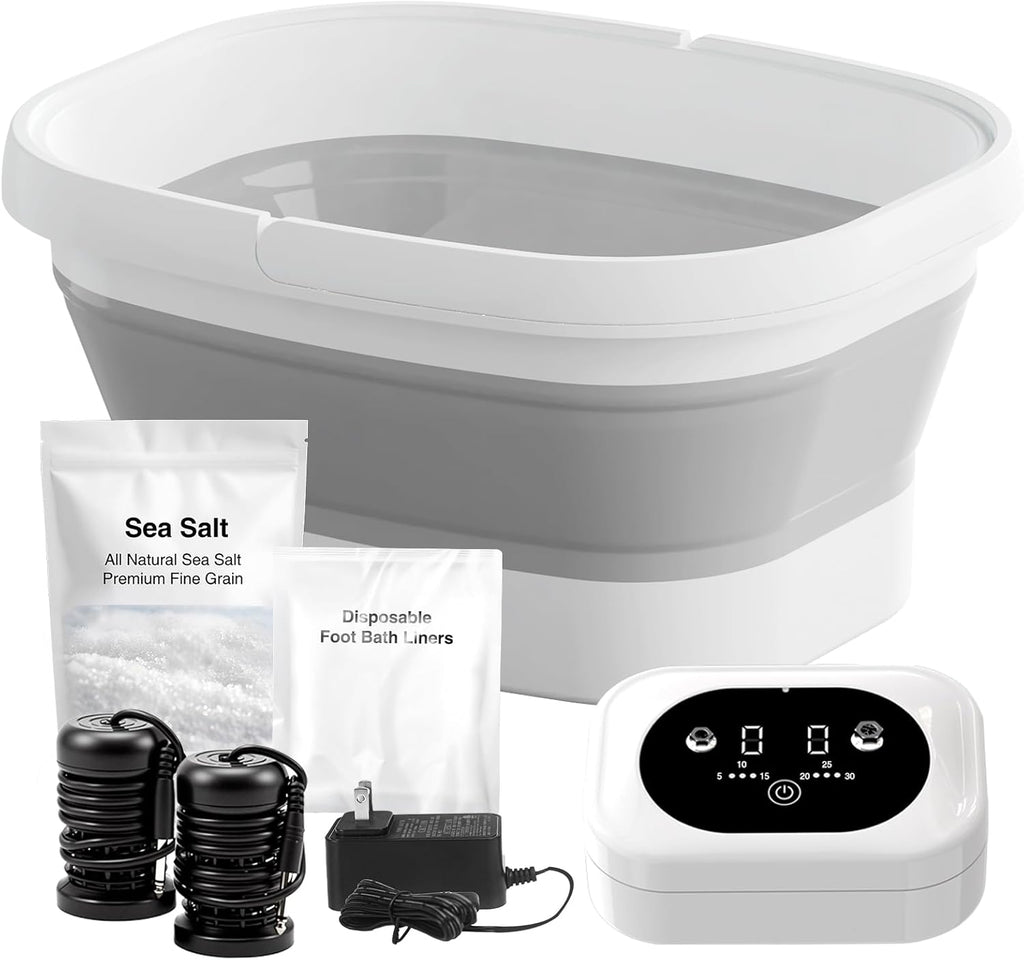 Ionic Foot Bath Detox Machine - For Toxins, Heavy Metals & Free Radicals Comes with 2 Ionic Effector, 80 Disposable Foot Bath Bucket Mats, Foot Bath Sea Salts, Fold-Out Tub, Gift for Men and Women