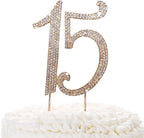 15 Gold Cake Topper | Premium Sparkly Crystal Rhinestones | 15th Birthday or Anniversary Party Decoration Ideas | Quality Metal Alloy | Perfect Keepsake Fifteen