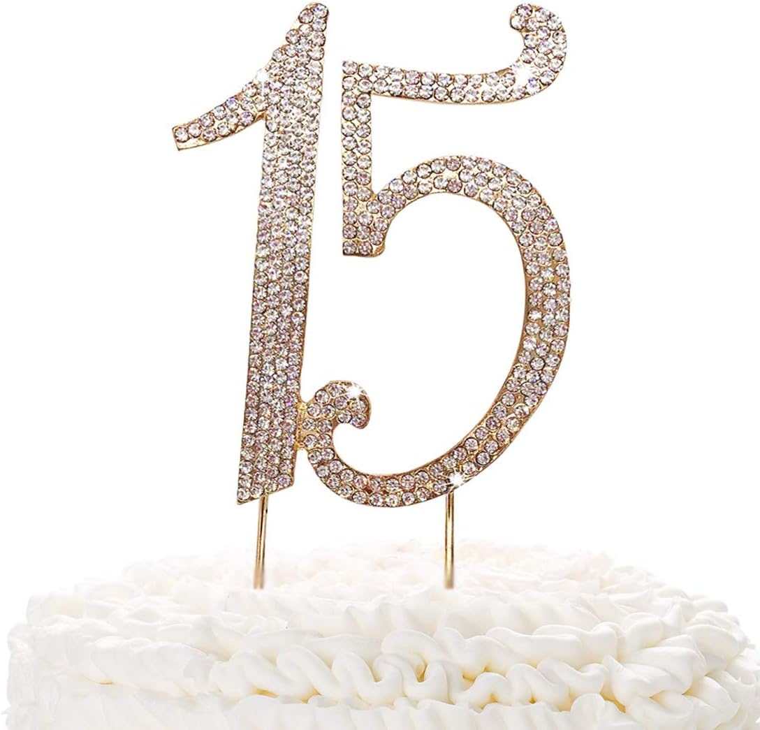 15 Gold Cake Topper | Premium Sparkly Crystal Rhinestones | 15th Birthday or Anniversary Party Decoration Ideas | Quality Metal Alloy | Perfect Keepsake Fifteen