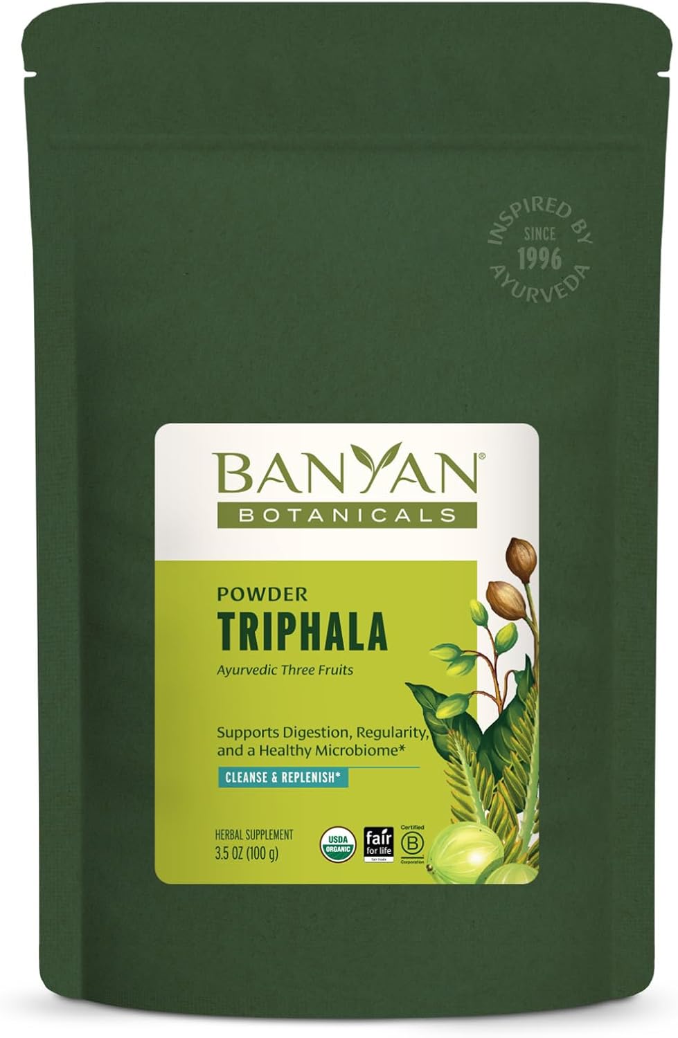 Banyan Botanicals Organic Triphala Powder – Daily Digestive Support & Gentle Colon Cleanse – Pure Amla, Haritaki & Bibhitaki for Gut Microbiome Health & Regularity – 3.5 oz – USDA Organic