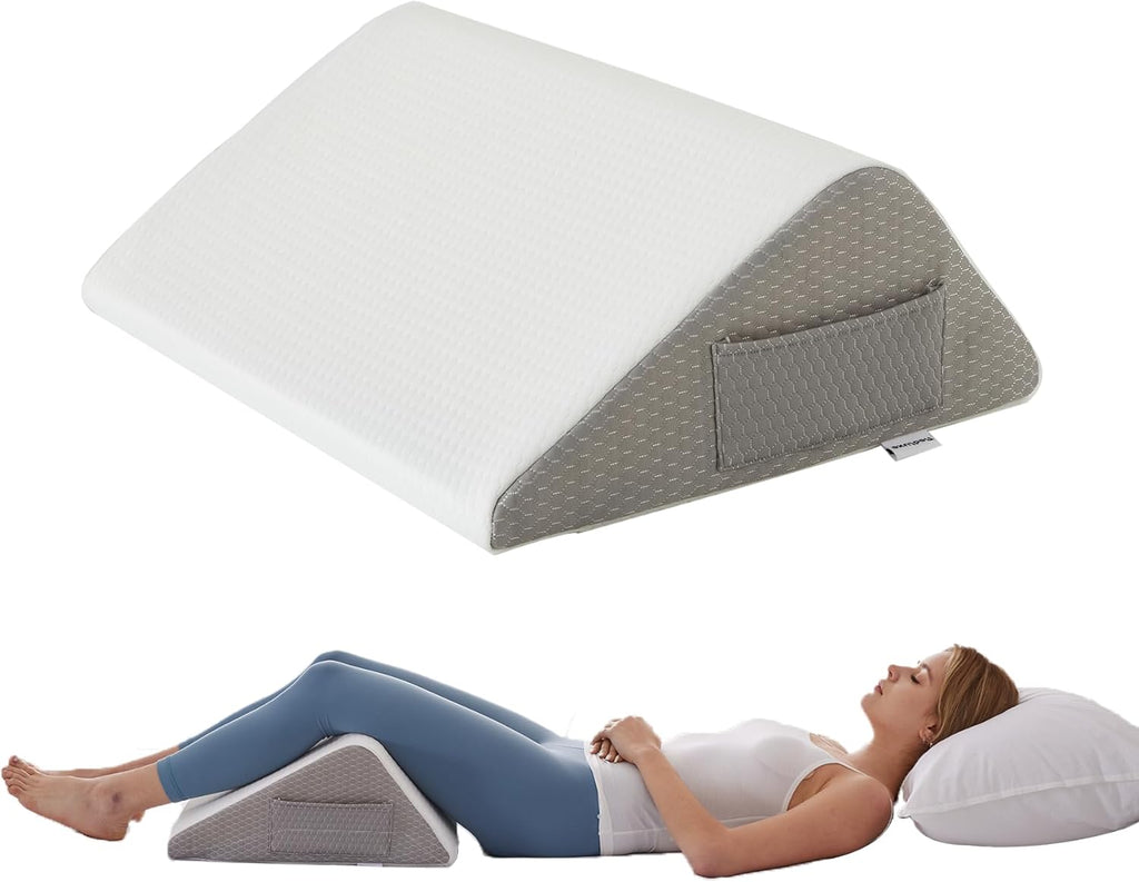 Bedluxe Knee Pillow for Back Sleeping, Leg Pillow Knee Wedge Pillow, Memory Foam Wedge Pillows for Legs Post Surgery, Triangle Pillow for Knee Support, Leg Elevation, Knees Hip Back Pain Relief, White