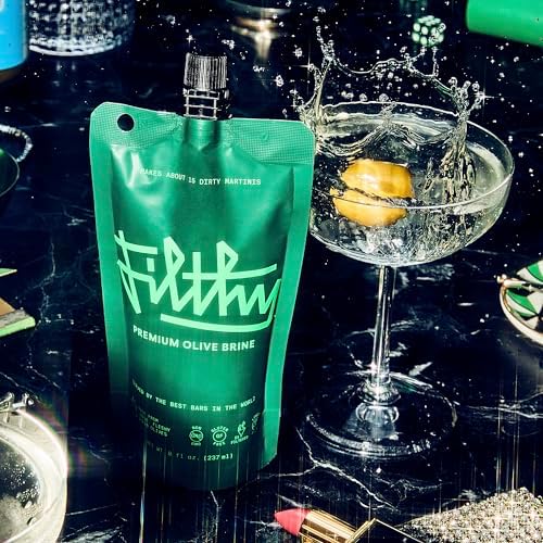 Filthy Olive Brine, Premium Cocktail Mixer, Filtered for Dirty Martinis, Olive Juice for Cocktails, Made from Naturally Cured Olives, Non-GMO, Gluten Free, 8 Oz Pouch, 6 Pack