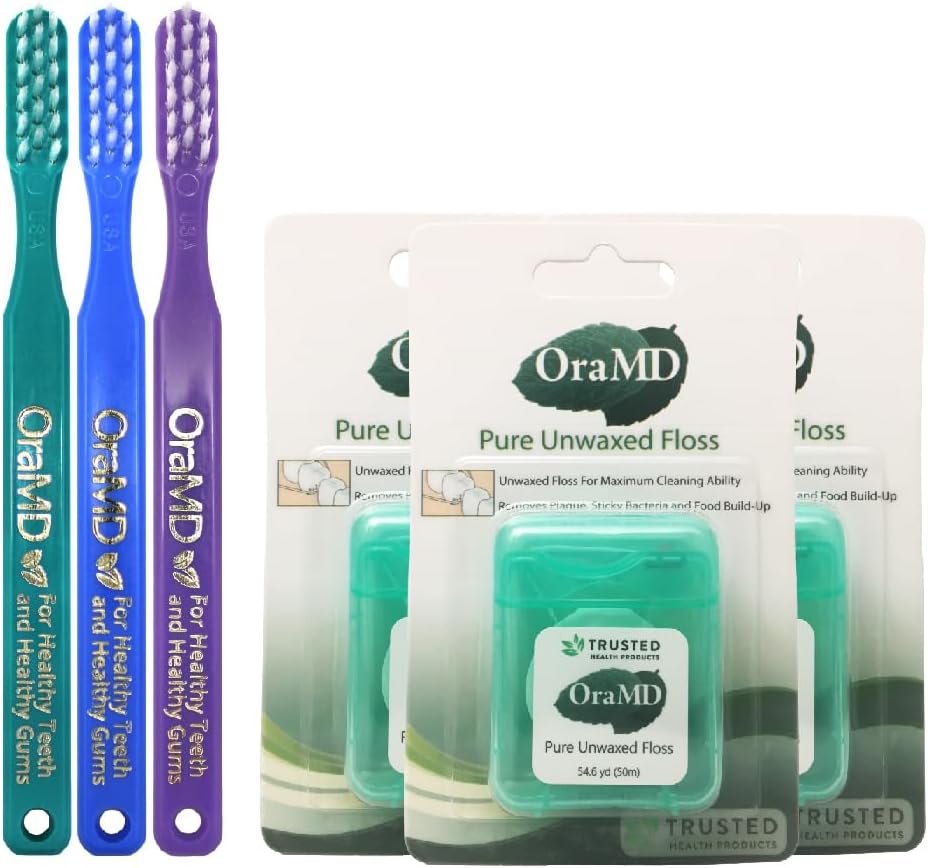 OraMD Bass Toothbrush Pure Unwaxed Dental Floss Packs (3 Pieces Each)