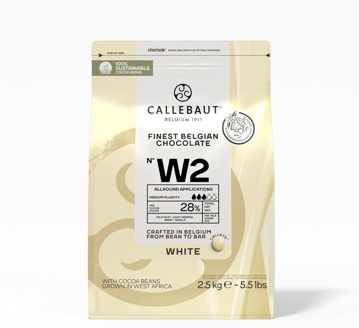 Callebaut Recipe No. W2 Finest Belgian White Chocolate With 28% Cacao, 22% Milk, 5.51 Pound