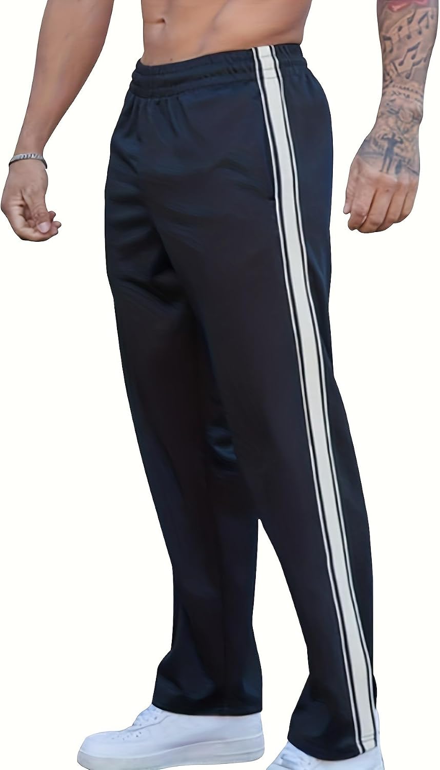 Men's Athletic Track Pants with Side Stripes, Elastic Waistband Sports Jogger Trousers for Gym, Workout, and Casual Wear