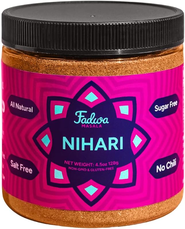 Fadwa Masala Nihari Spice Mix - 4.5 oz Jar, Salt & Sugar Free, Non-Spicy Authentic Desi Spices for Pakistani & Indian Cooking, Curry, Garam Masala - No Artificial Ingredients - Gluten Free