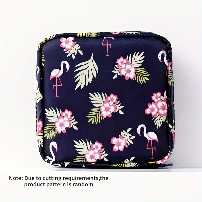 1PC Sanitary Napkin Storage Bags, Reusable Tampon Organizer Pouch With Zipper, Portable Sanitary Bags for Feminine Products, Washable Multi-Function Travel Storage Pouch (Dark Blue Flamingo)