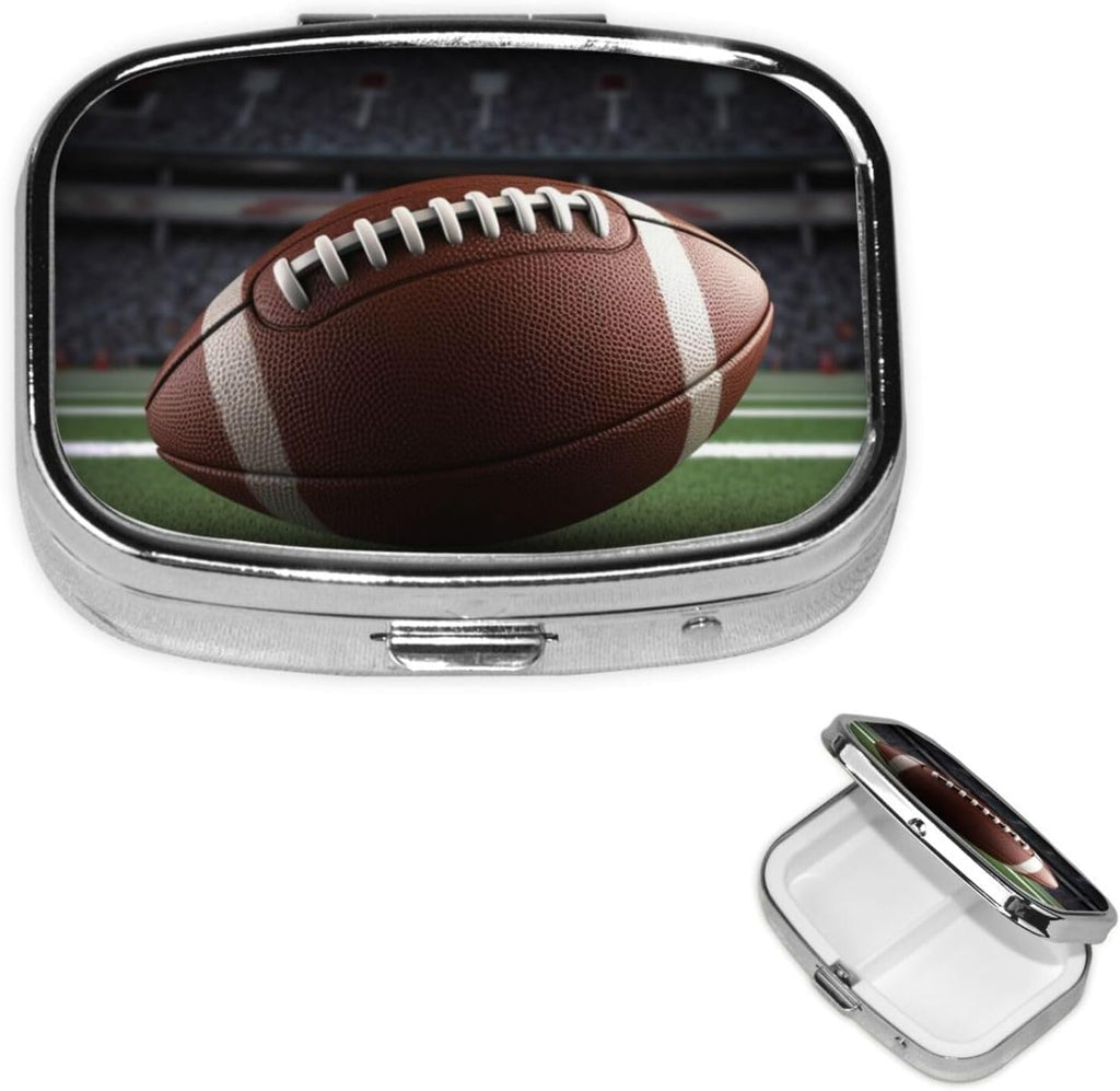 American Football Pill Box 2 Compartment, Small Pill Box for Purse & Pocket, Metal Pill Case with Mirror, Travel Daily Pill Organizer, Portable Medicine Vitamin Holder Unique Gift