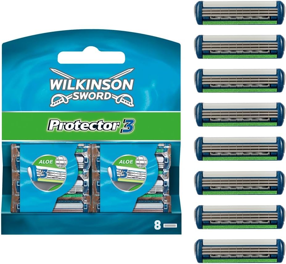 Alecoy Wilkinson Sword Protector 3 Refill Cartridges Razor Blades, 8 Count (Comparable to Schick Protector), Blue, pack of 8 (70051360)