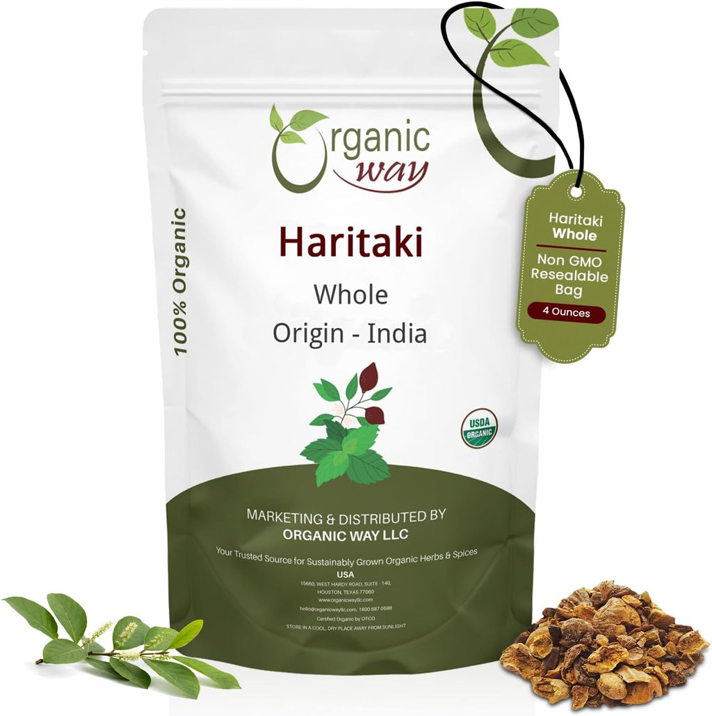 Organic Way Haritaki Whole (Chebulic Myrobalan) | Terminalia Chebula (Yellow Myrobalan) | Kosher & USDA Certified | Vegan, Non-GMO & Gluten Free | 100% Raw from India (4 oz - 1/4 lbs)