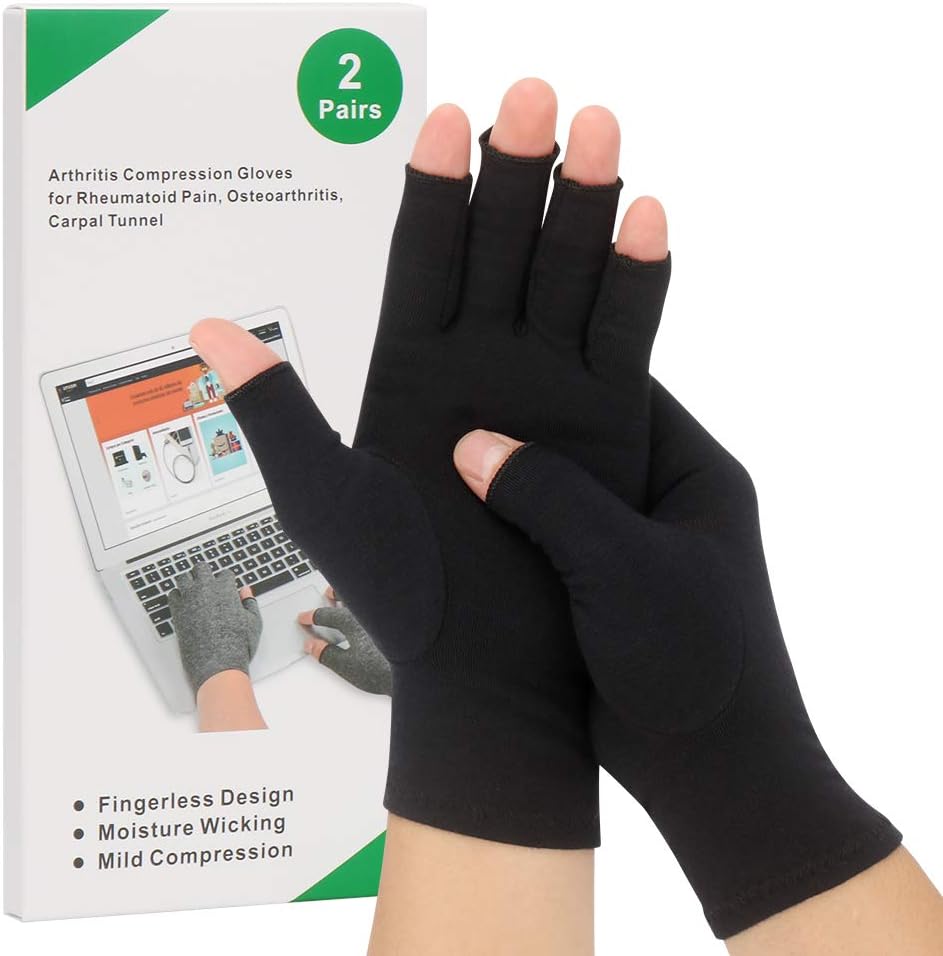 2-Pair Arthritis Compression Gloves for Alleviate Rheumatoid Osteoarthritis, Carpal Tunnel Raynauds Disease, Fingerless Design Breathable & Moisture, Women and Men (Black, Medium)