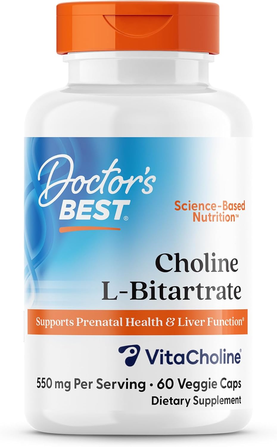 Doctor's Best Choline L-Bitartrate Supplement for Women & Men - Supports Prenatal Health & Liver Function, 550 mg Per 2 Capsule Serving, Vegan, Non-GMO, Gluten Free, Soy Free - 60 Veg Caps