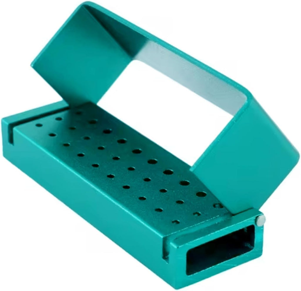 LA MIERE 30 Holes Dental Burs Holder Diamond Burs Drill High Speed Block Aluminum Autoclavable Box, Disinfection Bur Organizer Station Opening Box Case with Cover Reusble - Turquoise