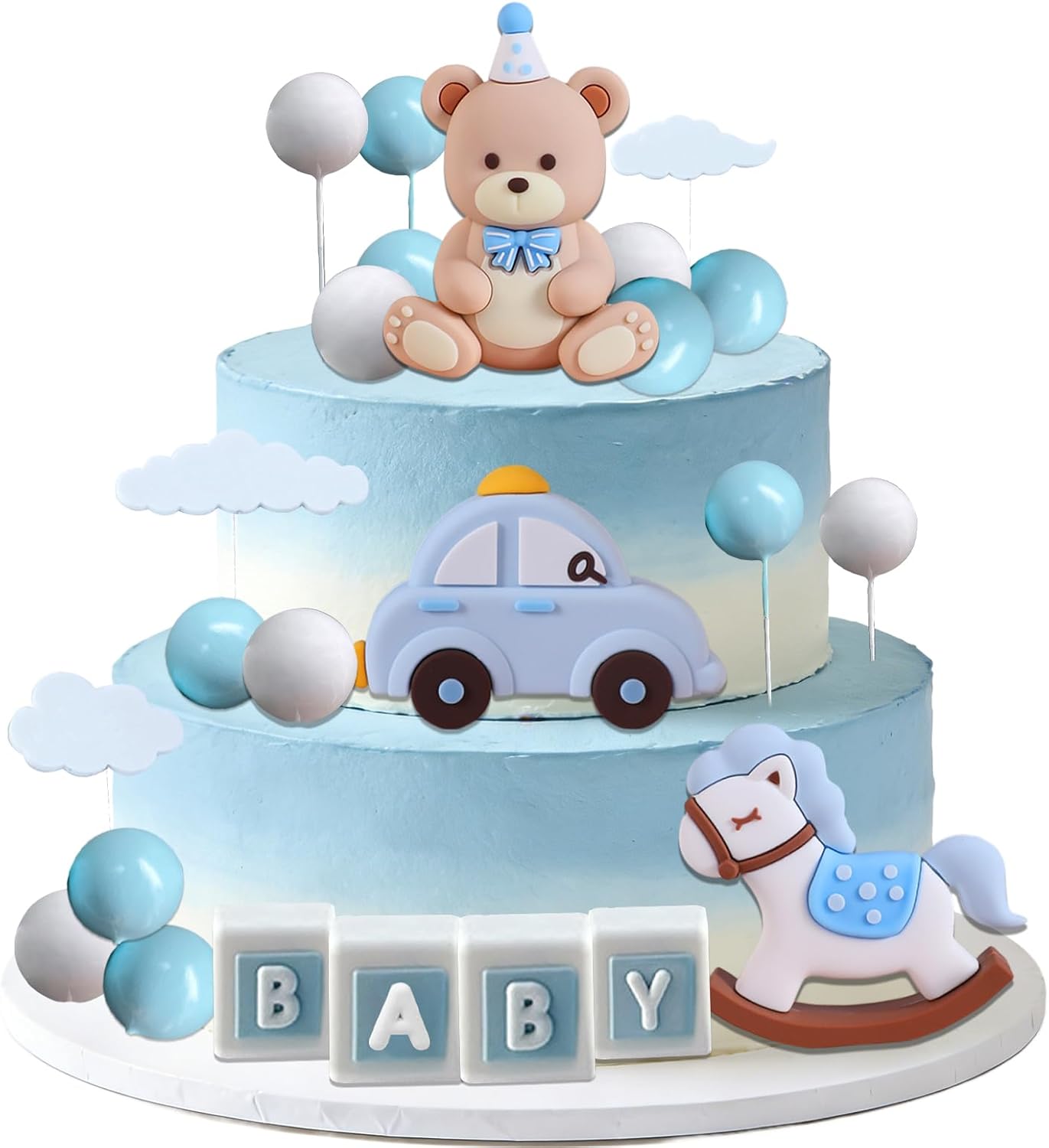 Blue Bear Cake Decoration Teddy Bear Blue White Balls Cake Topper Baby Shower Birthday Cake Decoration for Birthday Party Decorations