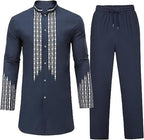 Muslim Clothes for Men 2 Piece Set Cotton Linen Kaftan Button Down Long Sleeve Print Kurta Drawstring Pants