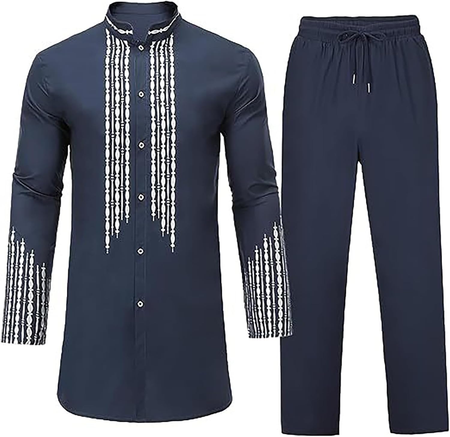Muslim Clothes for Men 2 Piece Set Cotton Linen Kaftan Button Down Long Sleeve Print Kurta Drawstring Pants