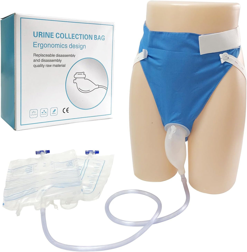 Wearable Urine Collection Bag External Catheter for Men,Reusable Portable Silicone Urinal with 1000ml and 2000ml Urine Catheter Bags,Blue
