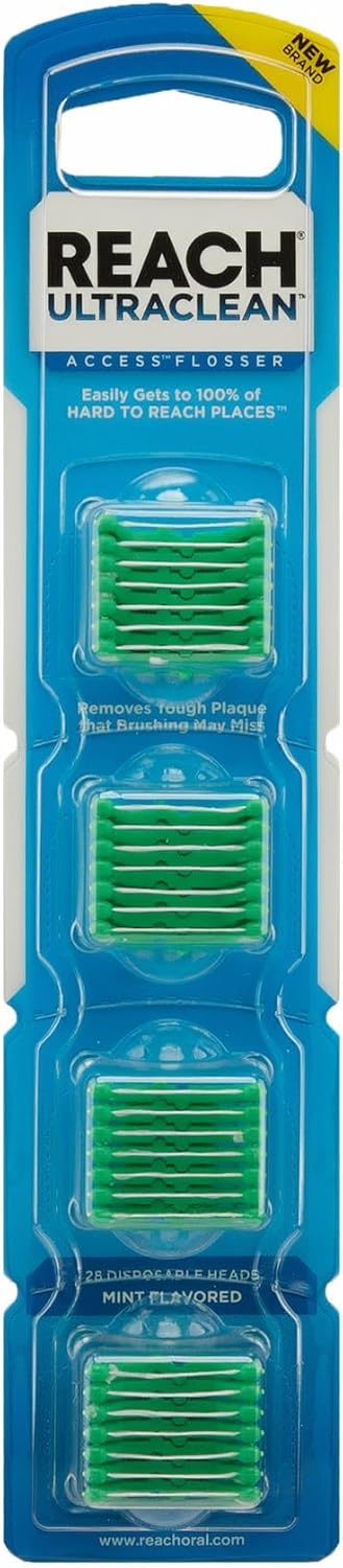 REACH Ultraclean Access Flosser Refill Heads, Mint, Plaque Remover for Teeth, Shred Resistant, for Hard to Reach Areas, Oral Care, PFAS Free, for Adults & Kids, 1 Pack, 28 Count