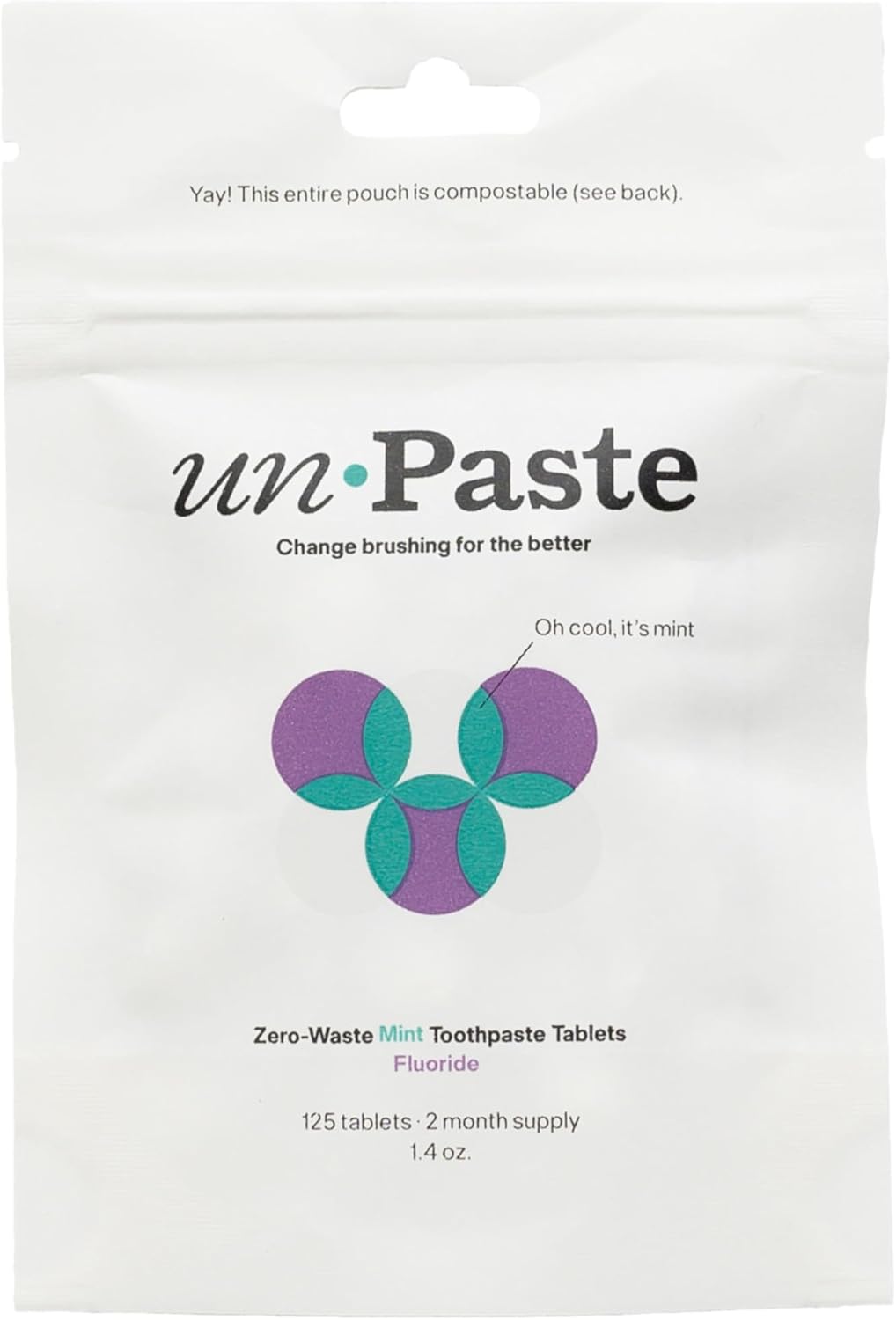 Unpaste Fluoride Toothpaste Tablets, Mint, Nano Hydroxyapatite, Xylitol Free, Travel Friendly Resealable Pouch, Eco-Friendly – 125ct / 2 Month Supply