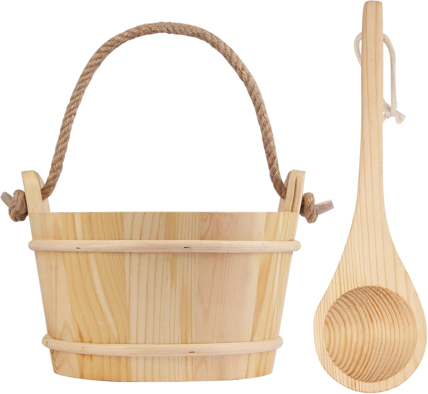 4L Wooden Sauna Bucket and Ladle Set, Natural Pine, Handmade Pine Sauna Bucket with Rope Handle