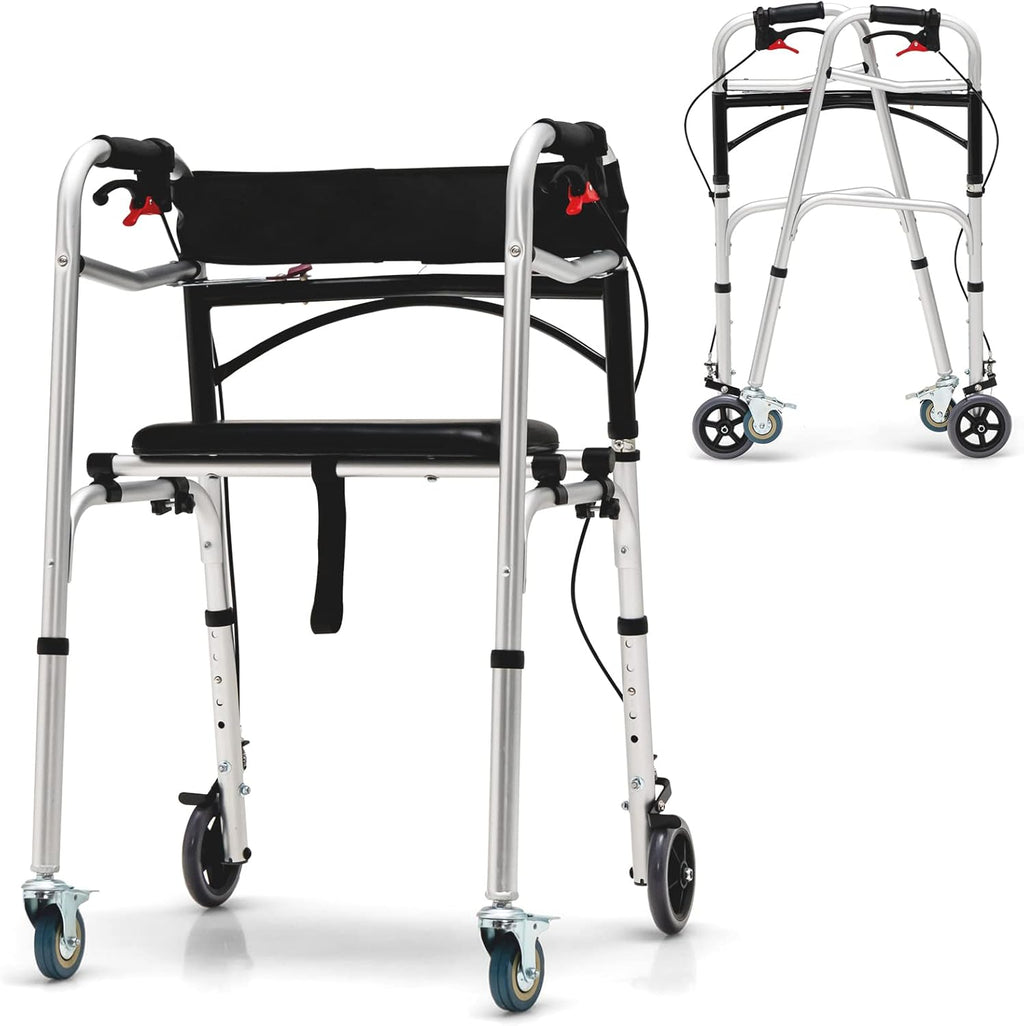 GYMAX Walkers for Seniors, 2-Button Folding Walker with 5 Inches Lockable Wheels, Padded Seat & Trigger Release, 350lbs Height Adjustable Standard Walker, Foldable Rolling Adult Walker
