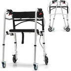GYMAX Walkers for Seniors, 2-Button Folding Walker with 5 Inches Lockable Wheels, Padded Seat & Trigger Release, 350lbs Height Adjustable Standard Walker, Foldable Rolling Adult Walker