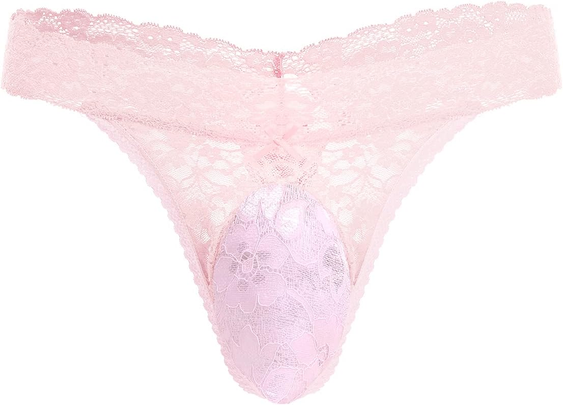 Men's Lace Frilly Sissy Thong Panties Sheer Mesh Bikini Briefs T-back G-string Underwear