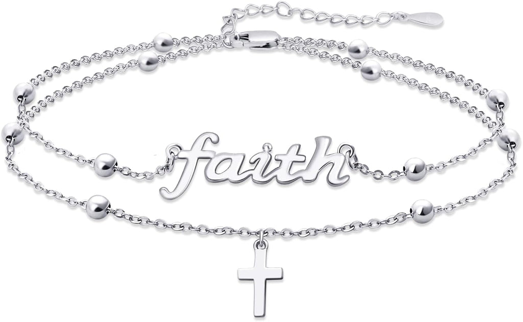 faith Bracelet,S925 Sterling Silver Faith Cross Double Layer Bracelets Christian Jewelry for Women