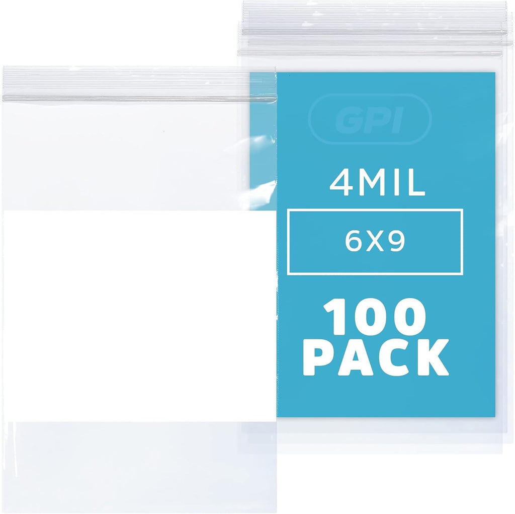 GPI - 6" x 9" - Bulk Pack of 100, 4 Mil Thick, Heavy Duty, Clear Plastic Reclosable Zip Bags, With Write-on White Block for Labeling, Strong & Durable Poly Baggies With Resealable Zipper Top Lock.