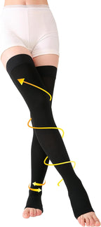 TOFLY® Medical Thigh High Compression Stockings for Women & Men (Pair), Opaque Open Toe 15-20mmHg Graduated Compression Hose, Medical Compression Stockings Support for Varicose Veins, Edema, Black S