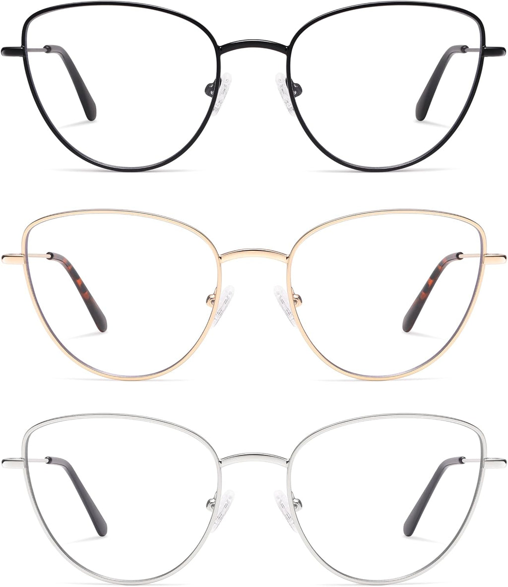 AMOMOMA 3-Pack Retro Cat Eye Reading Glasses for Women Trendy Blue Light Blocking Computer Readers Metal AM6199